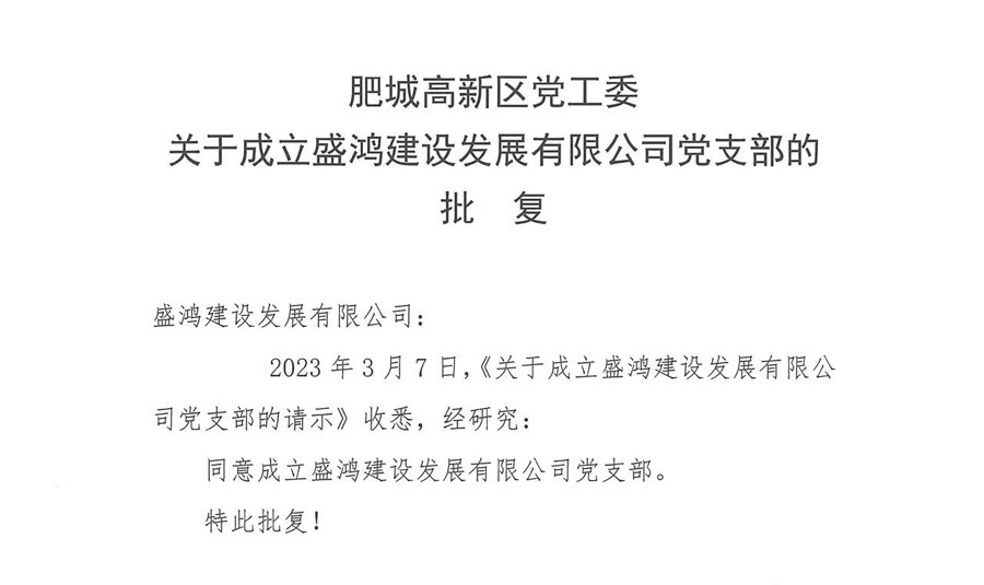 肥城高新区党工委关于成立盛鸿建设发展有限公司党支部的批复